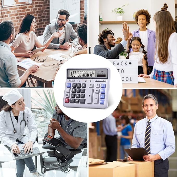 Comix Desktop Calculator Solar Battery Dual Power with 12-Digit Large LCD Display and Large Computer Keys Standard Function Calculator for Home Office School, White