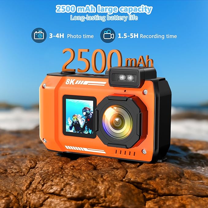 8K Waterproof Digital Camera Snorkeling: 70MP 33FT Compact Rugged Underwater Camera - HD Dual-Screen with 18X Zoom Selfie 64GB Card & 2500 mAh Battery for Outdoor Scuba Diving Fishing Swimming Orange