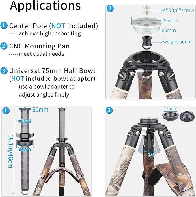 INNOREL RT90CM Carbon Fiber Bowl Tripod - Heavy Duty With 75mm Bowl, 40mm Leg Tube, Ultra Stable Professional Camera Tripod, Max Load 88lb/40kg, Camouflage Sleeve