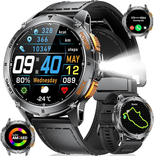 LIGE GPS Smart Watch for Men, Compass/LED Flashlight/Pedometer/1.43" AMOLED Smartwatch, 100+ Sports Mode Fitness Tracker for Android iOS, IP68 Waterproof Watches for Swimming