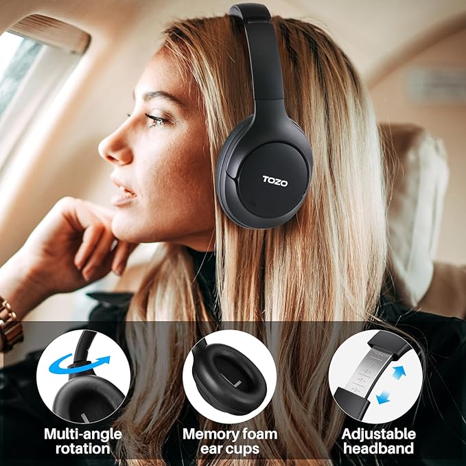 TOZO HT2 Hybrid Active Noise Cancelling Headphones, Wireless Over Ear Bluetooth Headset, 60H Playtime, Hi-Res Audio Custom EQ via App Deep Bass Comfort Fit Ear Cups, for Home Office Travel Black
