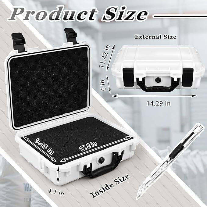 14.3 x 11.4 x 4.5 Inch Waterproof Hard Case with DIY Customizable Foam Insert Portable Protective Case with Knife for Camera Drones Equipments Tools Test Instruments (White)
