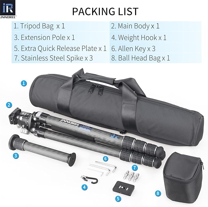 Carbon Fiber Tripod INNOREL KT324C Professional Portable Compact Travel Tripod for DSLR Camera Heavy Duty Stand Support 1.28in/32.5mm Tube with Low Gravity Center Panoramic Ball Head Center Column