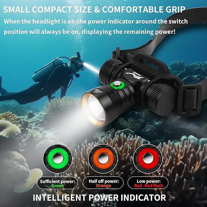 WINDFIRE Dive Light Diving Headlamp, IPX8 Waterproof Flashlight, Super Bight Underwater Lights, 3 Modes Dive Headlight with Power Indicator for Snorkeling, Diving