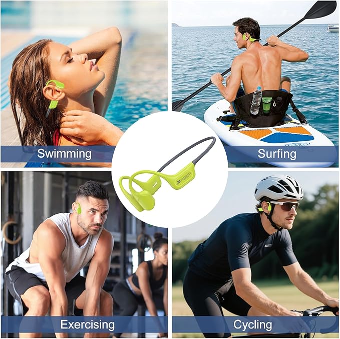 Swimming Headphones IP68 Waterproof, Open Ear Bone Conduction Headphones Bluetooth 5.4 with 32GB MP3 Player, Secure Comfort Underwater Swim Earbuds for Jogging Cycling Fitness-SurfAudio(Green)