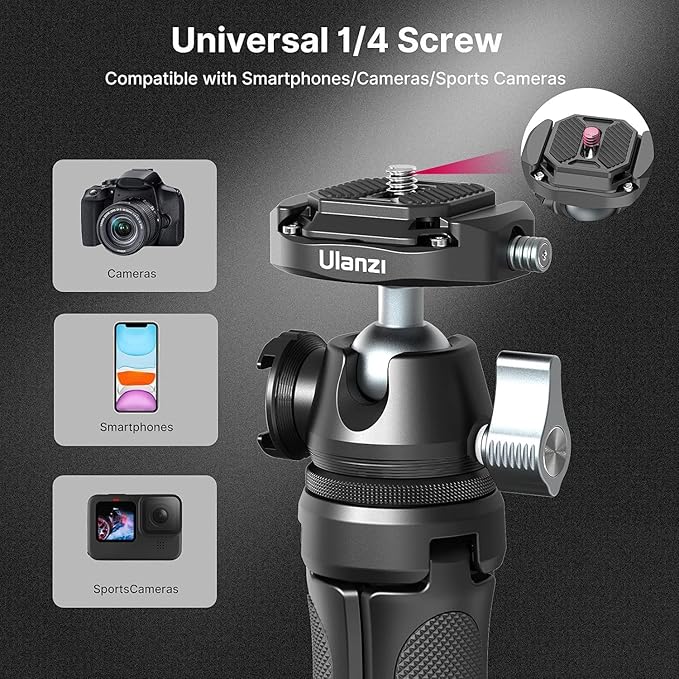 ULANZI Camera Tripod, MT-46 Aluminum Alloy Phone Tripod for Camera with F38 Quick Release Plate, 4 Levels Adjustment 360 Ball Head with Cold Shoe Lightweight Portable Vlog Travel Selfie Stick for DSLR