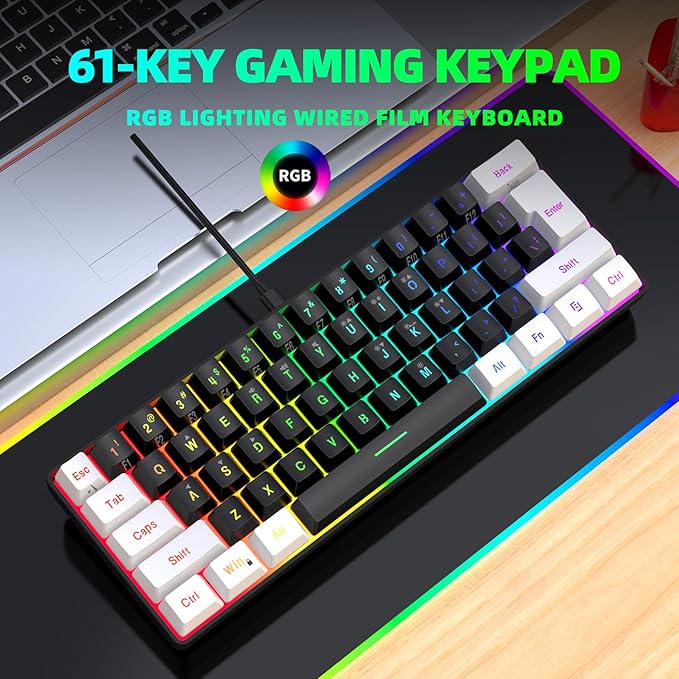 Snpurdiri 60% Wired Gaming Keyboard, Small RGB Backlit Membrane Gaming Keyboard, Ultra-Compact Mini Waterproof Keyboard for PC Computer Gamer White and Black