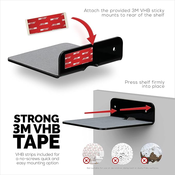 BRAINWAVZ 2-Pack 4” Small Floating Shelf Bluetooth Speaker Stand, Adhesive & Screw Wall Mount, Anti Slip, for Cameras, Baby Monitors, Webcam, Router & More, Universal Holder (SHELF11 Black)