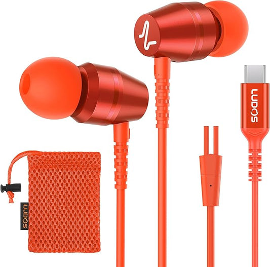 LUDOS OMNITONE USB C Headphones for iPhone 16 15 Pro Max Plus iPad Pro, 5 Years Warranty, USB-C Earbuds for Galaxy S24 S23 Ultra S22 S21 S20 A55 A54 A53, USB Type C Earphones - Coral