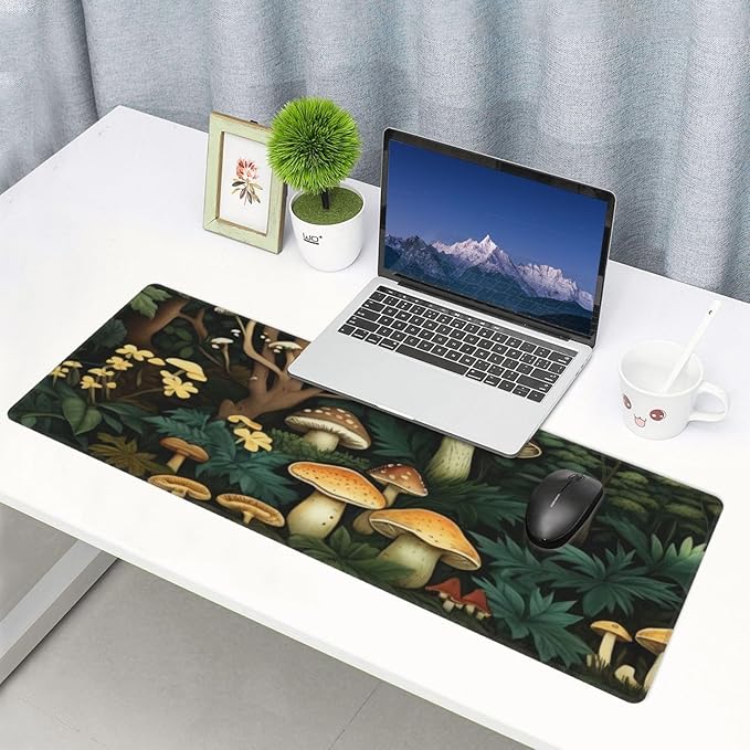 Gaming Mouse Pad, Large Non-Slip Rubber Base Mousepad, Keyboard Mouse Mat, Desk Pad with Stitched Edges, 31.5x11.8inch, Mushroom Forest