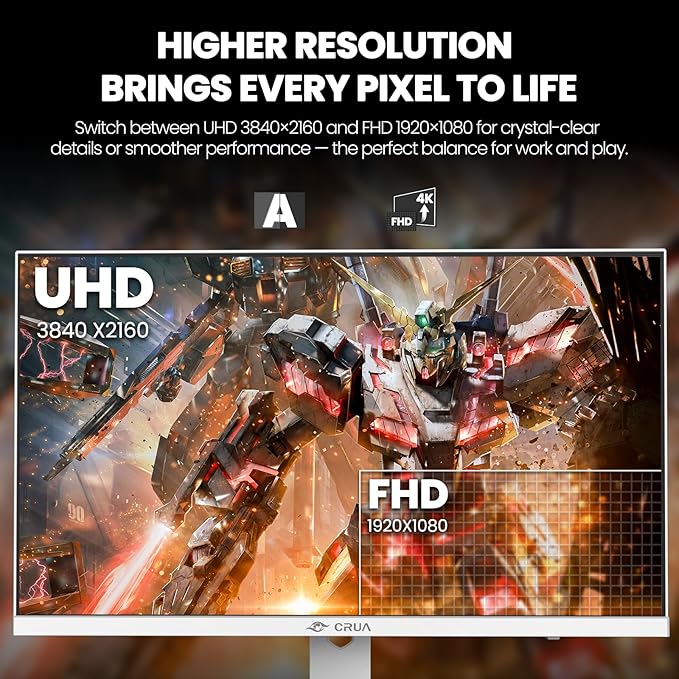 CRUA 27” Gaming Monitor, IPS UHD 3840x2160 4K 160Hz / FHD 320Hz Dual Mode White Computer Monitor, Rotating/Pivot & Height-Adjustable, AMD FreeSync, Built-in Speakers, PIP/PBP, HDMI 2.1 & DP 1.4