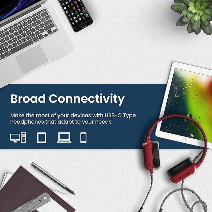 Brenthaven Headphones Wired | USB C On-Ear Rugged 2 Adjustable Headphones with Long Tangle Free Cord - Lightweight Durable and Drop Tested School Supplies for Kids Travel and K-12 Students - Red