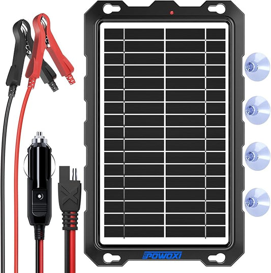 POWOXI-9W-Solar-Battery-Trickle-Charger-Maintainer -12V Portable Waterproof Solar Panel Trickle Charging Kit for Car, Motorcycle, Boat, Marine, RV, Trailer, Powersports, Snowmobile, etc.
