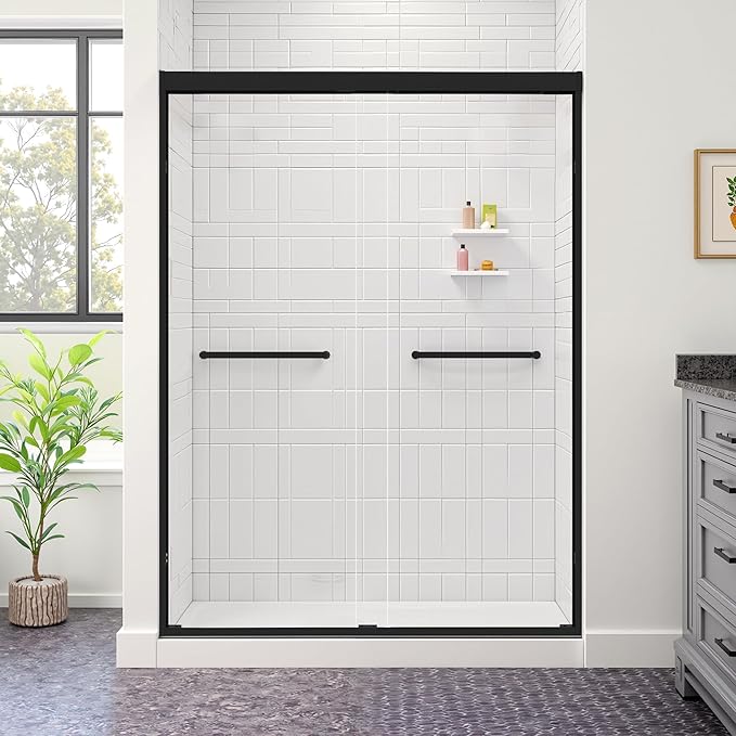 44-48" W x 72" H Shower Door Bathroom Double Sliding Shower Door 1/4"(6mm) Thick Tempered Clear Glass Door with Stainless Steel Handle for Walk-in Shower, Matte Black