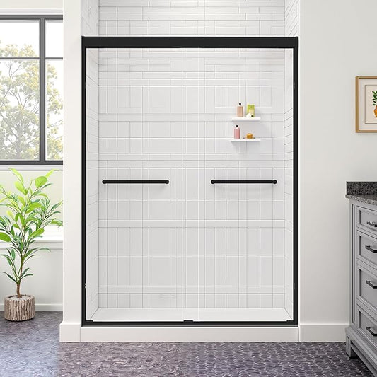 44-48" W x 72" H Shower Door Bathroom Double Sliding Shower Door 1/4"(6mm) Thick Tempered Clear Glass Door with Stainless Steel Handle for Walk-in Shower, Matte Black
