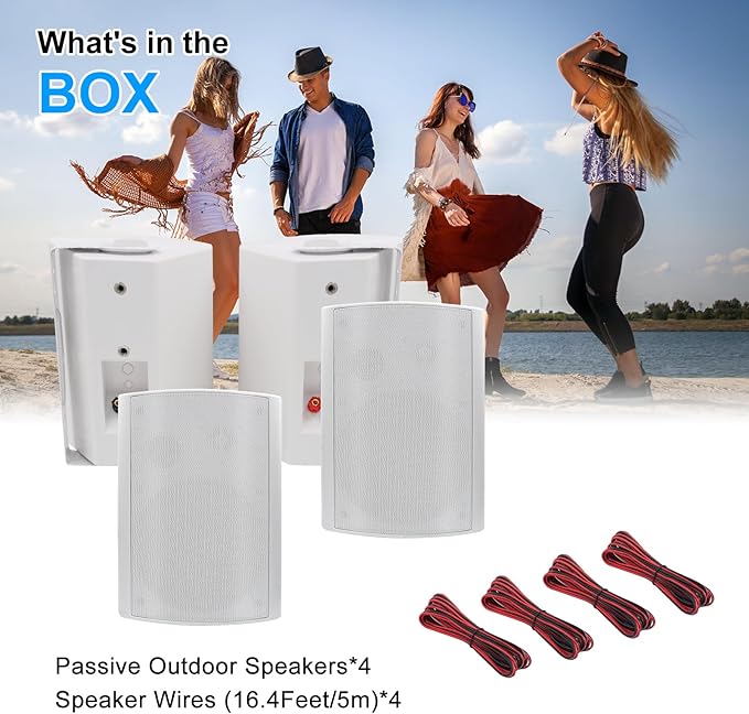 Herdio 6.5 Inches Outdoor Speakers Wired Waterproof Passive,Wall Mount Speakers with 800 Watts Powerful Bass for Home Patio Garden Covered Deck,All-Weather Durability,White(2 Pairs)