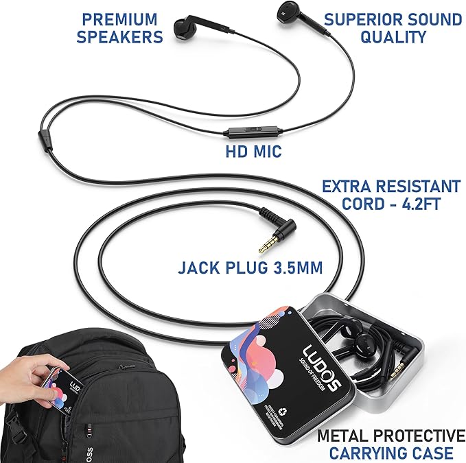 LUDOS FEROX Wired Earbuds in-Ear Headphones, 5 Year Warranty, Earphones with Microphone, Noise Isolation Corded for 3.5mm Jack Ear Buds for iPhone, Samsung, Computer, Laptop, Kids, School Students