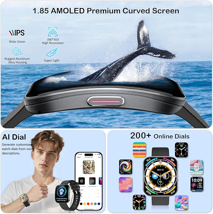 Smart Watch for Men Women, Answer/Make Calls, New 1.85"HD AMOLED Curved Display Fitness Watch with Blood Pressure Sleep Heart Rate Monitor, AI Dial, AI Q&A,110+ Sports True IP68 Waterproof Smartwatch