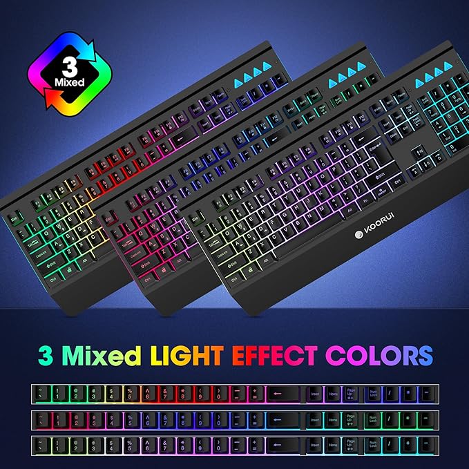 KOORUI Wired 104 Keys Gaming Keyboard and Mouse Combo,Rainbow Backlit Quiet Computer Keyboard, Light Up Keyboard with All-Metal Panels & 3200 DPI Mouse for Window PC Gamers-Black
