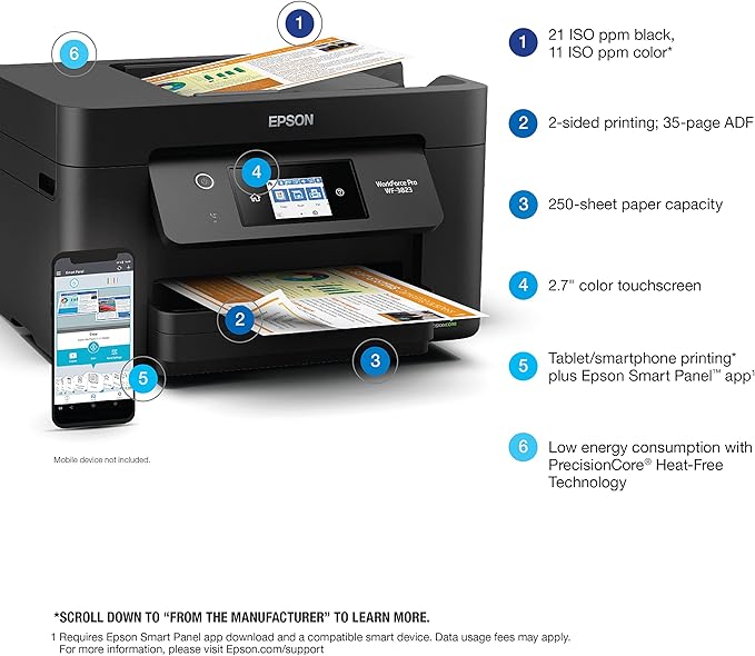Epson Workforce Pro WF-3823 Wireless All-in-One Printer with Auto 2-Sided Printing, 35-Page ADF, 250-Sheet Paper Tray and 2.7" Color Touchscreen, Black