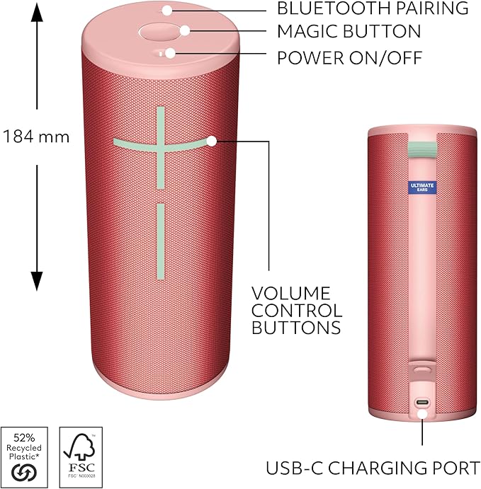 Ultimate Ears Boom 4 Portable Waterproof Bluetooth Speaker with 360-Degree Immersive Sound, Outdoor Floating Speaker, 15-Hour Battery, 147ft Range - Red