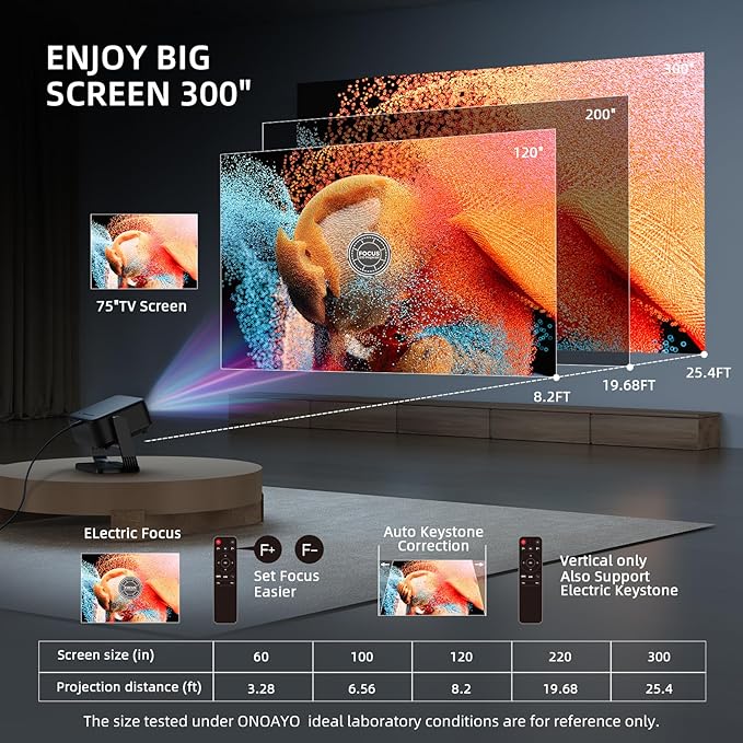 [360°Adjustable Stand] Mini Projector with WiFi and Bluetooth: Electric Focus & Auto Keystone 1080P 500 ANSI Bluetooth Projector, ONOAYO AY3 Portable Movie Phone Projector for Home Upgrade Black