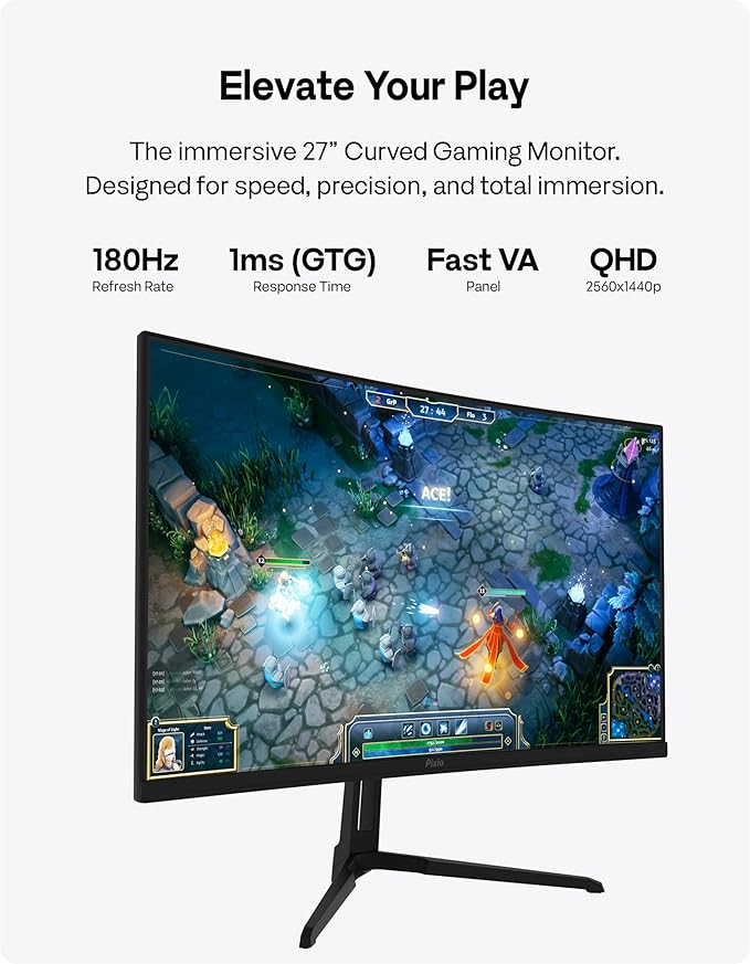 Pixio PXC278 Wave 27 inch 180Hz Refresh Rate QHD 1440p Resolution 1650R Curved Fast VA Panel 1ms GTG Response Time Adaptive Sync HDR Curved Gaming Monitor