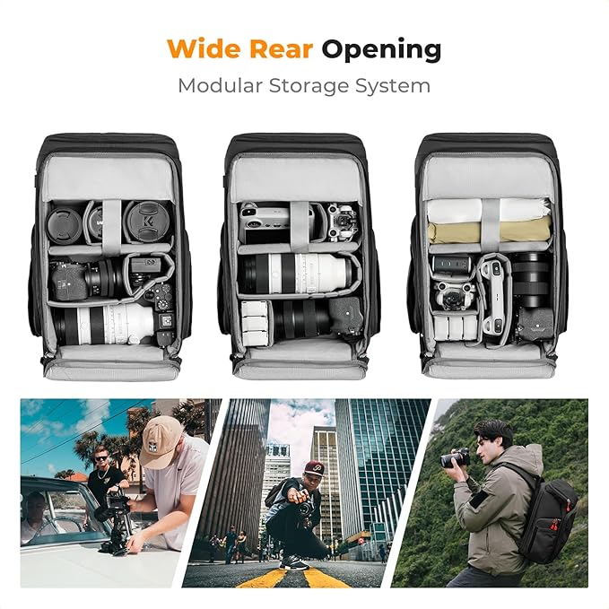 K&F Concept Camera bags Waterproof 25L Large Capacity Camera Case with Raincover Camera Case 15.6 Inch Laptop Compartment Compatible with Canon/Nikon/Sony/DJI Mavic Drone Travel Camera Backpack