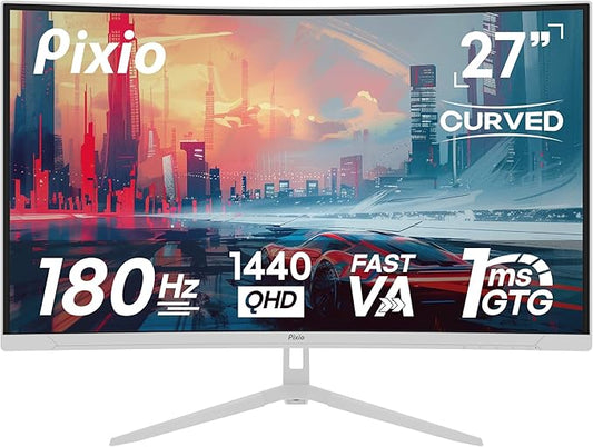 Pixio PXC278 Wave White 27 inch 180Hz Refresh Rate QHD 1440p Resolution 1650R Curved Fast VA Panel 1ms GTG Response Time Adaptive Sync HDR Curved Gaming Monitor