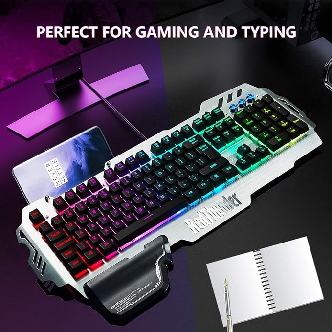 RedThunder K900 Gaming Keyboard, RGB Backlit Semi-Mechanical with Wrist Rest, Water-Resistant USB Wired Hybrid Ergonomic, Teclado Gamer for Desktop Computer PC Mac PS4