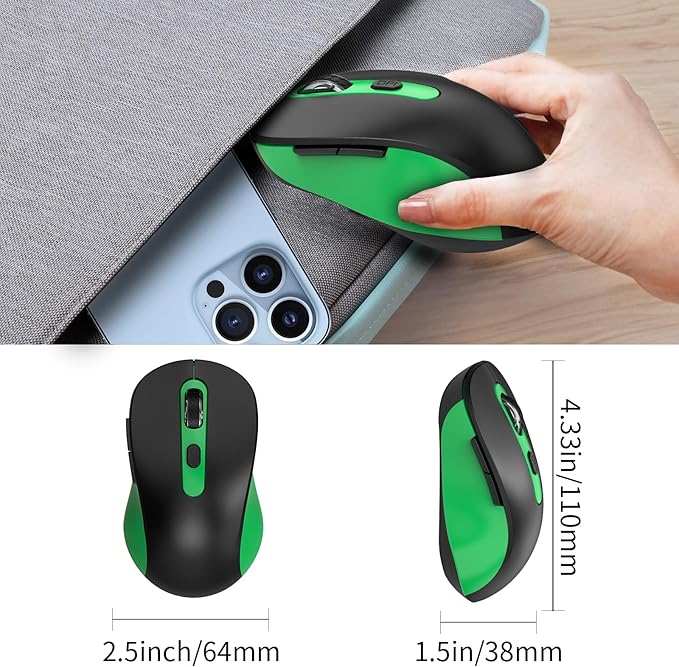 Wireless Mouse for Laptop, PC, Chromebook, Mac, MacBook, Silent Wireless Mouse with USB Nano Receiver, Side Button, 2400 DPI, Anti Slip Roller, 6 Button Ergonomics Cordless Computer Mice - Black Green