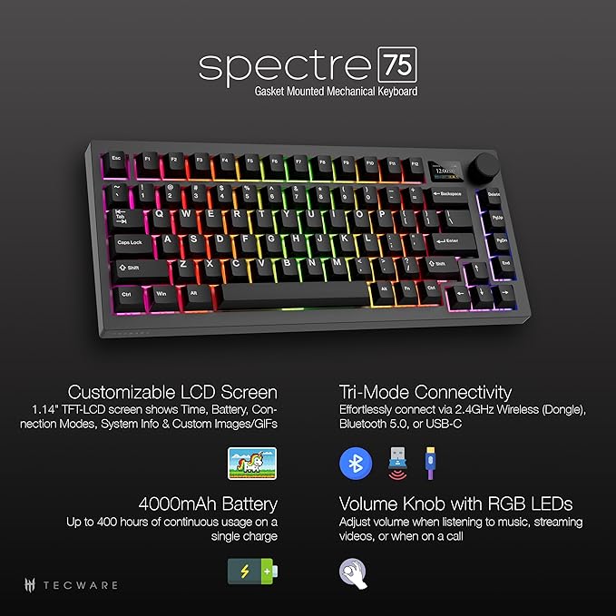 TECWARE Spectre 75% RGB Mechanical Gaming Keyboard with Customizable LCD Screen, Multi-Function Knob, Gasket Mount, South Face 5-Pin Universal Hot-Swappable Sockets Black Candy Red Switch
