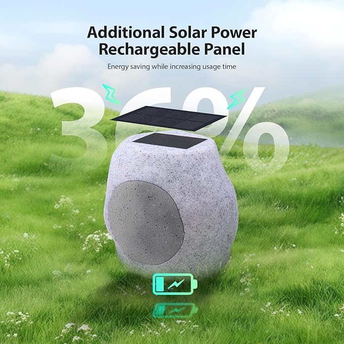 Outdoor Solar Rock Bluetooth Speakers with Colorful Lights, Deep Bass IPX4 Waterproof Speaker, Solar-Powered, TWS Paring, Perfect for Pool Garden and Outdoor Activities - Marble 2 Pack