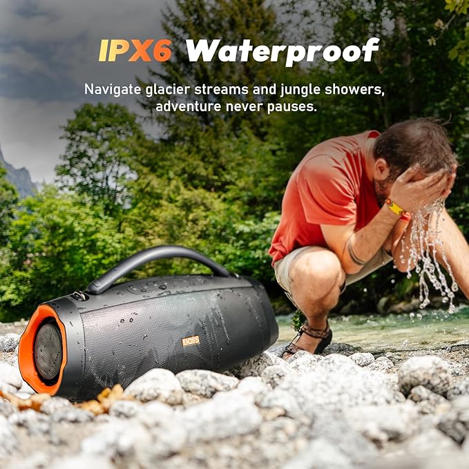 DOSS Extreme Boom Pro D200 240W Peak Outdoor Speaker, Punchy Bass, 26H Playtime, Beat-Synced Light, BT5.4, Stereo Pairing, IPX6 Waterproof for Camping, Beach, Tailgate Party-Black