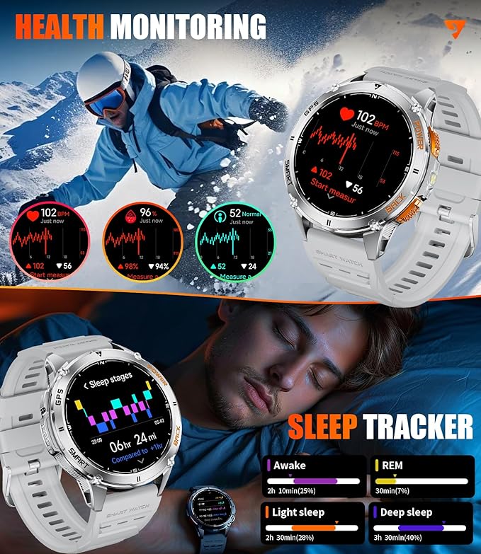 LIGE GPS Smart Watch for Men, 1.43" AMOLED/LED Flashlight/Compass Smartwatch, IP68 Waterproof/Swim Mode/Pedometer/100+ Sports Mode Fitness Tracker, Military Smart Watches for Android iOS Compatible