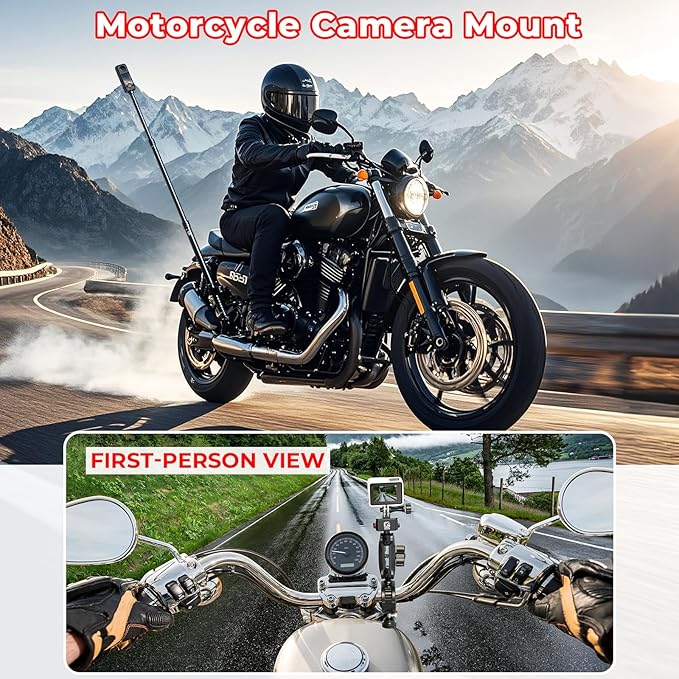 Aluminum Alloy Motorcycle Camera Mount Kit for GoPro Insta360 DJI, 360° Rotating Heavy-Duty Bike Handlebar Anti-Theft Clamp Mount with Extendable Selfie Stick for Motorcycle Bike ATV UTV