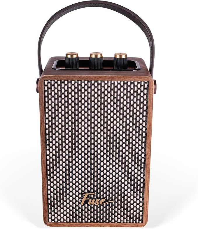 Fuse Andle Vintage Retro Bluetooth Speaker with Vegan Leather Handle | Portable Speaker with Smartphone Connection | USB & AUX Input | Stylish Brown Wood Exterior