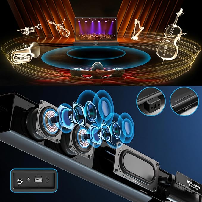 TV Soundbar Speaker with Bluetooth/AUX/USB/TF/Coaxial, Sound Bar for Smart TV with 4 Wireless Microphones, Surround Sound System for TV (Full Black, 4mic)