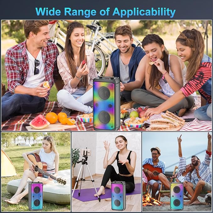 Portable Party Speaker, 80W Peak Wireless Bluetooth Speaker, PA System with LED Lights, Outdoor Bluetooth Speakers Supports for TF Card/USB, AUX in, FM, REC,TWS