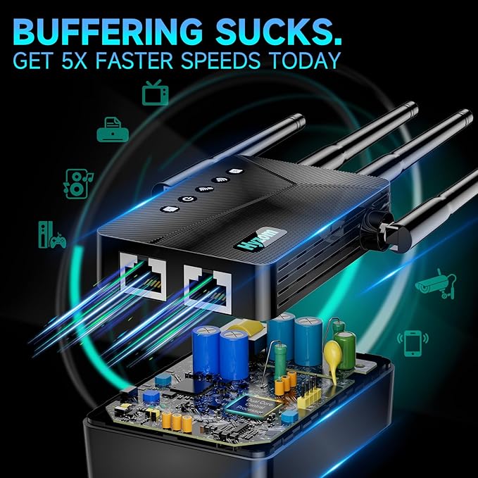 WiFi Extender Signal Booster for Whole Home & Backyard - 10K Sq.Ft Coverage w/4 Antennas | 90% Faster Internet Booster w/Ethernet Port, Easy Setup Wireless Repeater Works with Any Router