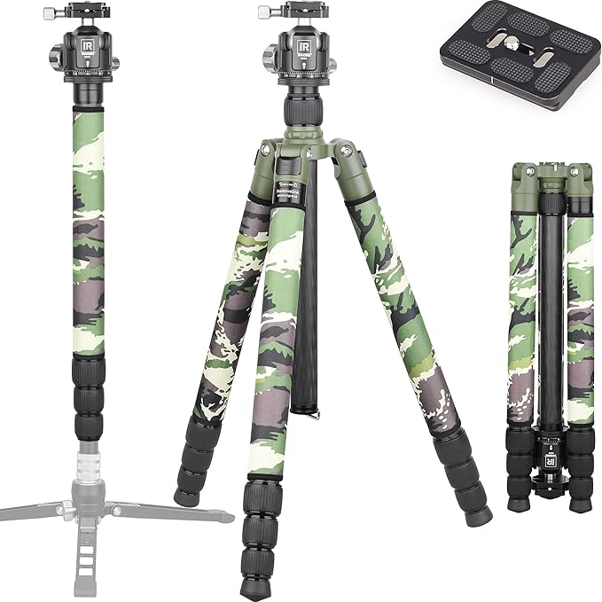 Carbon Fiber Tripod-INNOREL RT85CG Super Professional Stand with Low Gravity Center 360° Panoramic Ballhead and Green Camouflage Leg Covers for Digital DSLR Camera