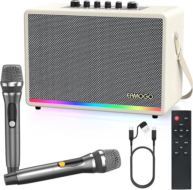 Portable Bluetooth Speaker with 2 Wireless Mics | 70W Peak Deep Bass Birchwood Cabinet | Bluetooth PA System for Outdoor Camping, Backyard| Dynamic LED Lights USB/AUX/OTG Rechargeable Battery (White)