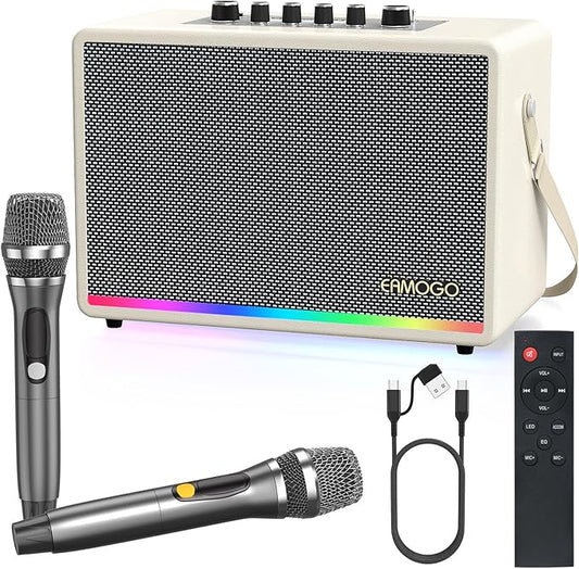 Portable Bluetooth Speaker with 2 Wireless Mics | 70W Peak Deep Bass Birchwood Cabinet | Bluetooth PA System for Outdoor Camping, Backyard| Dynamic LED Lights USB/AUX/OTG Rechargeable Battery (White)