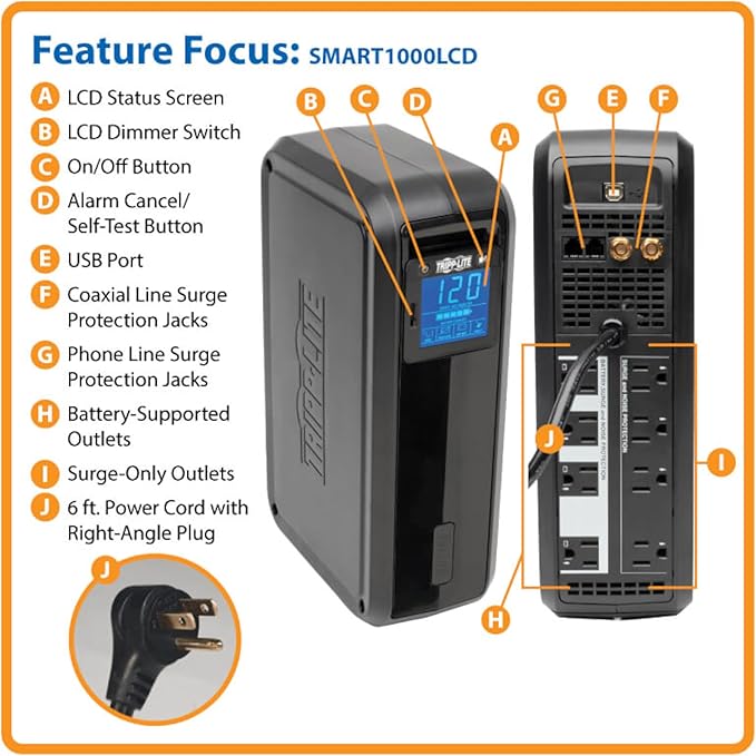 Tripp Lite 1000VA Smart UPS Battery Back Up, 500W Tower, 8 Outlets, LCD Display, AVR, USB, Tel / DSL / Coax Protection, 3 Year Warranty & $250,000 Insurance (SMART1000LCD) Black