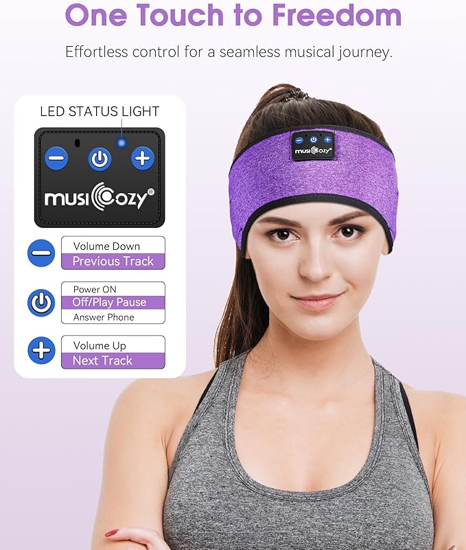 MUSICOZY Sleep Headphones Wireless, Bluetooth Headband Sports Sleeping Headphones Sleep Mask Earbuds Breathable Music Headband with Bluetooth 5.4, Perfect for Workout Running, Grape Purple