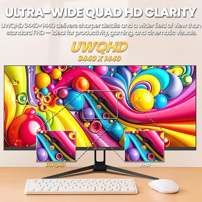 CRUA 34'' Ultrawide Gaming Monitor, 21:9 UWQHD 3440x1440 80Hz IPS Panel Computer Monitors with Built-in Speakers, Supports FreeSync, 120% sRGB, Blue Light Filter, HDMI 2.0 & DP 1.4, Wall-Mountable