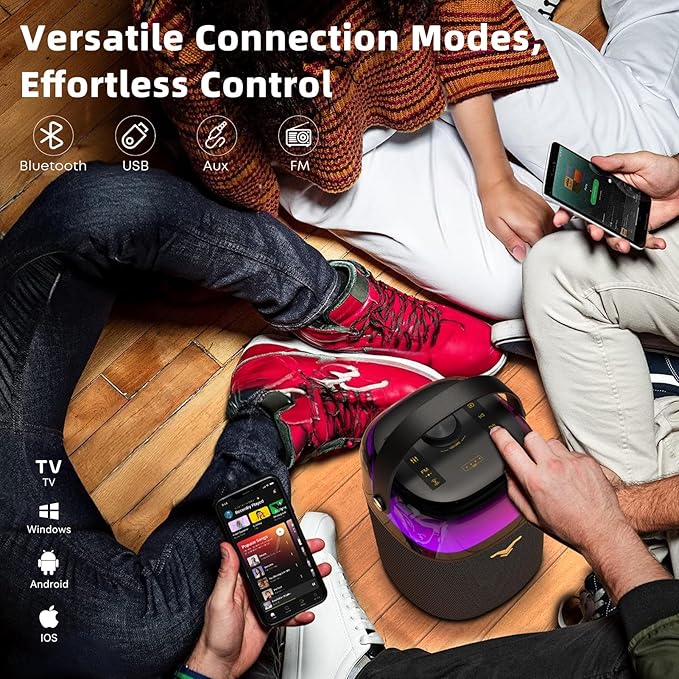 Bluetooth Speaker, Portable Wireless Speaker with 80W Peak Power, Enhanced Bass/Treble, TWS Pairing, 360-Degree LED Lighting for Home, Outdoor, Beach Party, Supports USB/AUX/6.35mm Jack/FM Integration