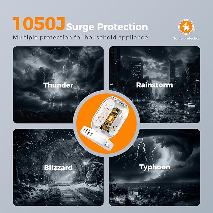 Surge Protector Power Strip Tower, TESSAN Flat Plug Extension Cord 10FT with 8 AC Outlets 4 USB Ports (1 USB C), 1050J Protection Charging Station for Home, Office Supplies, Dorm Room Essentials