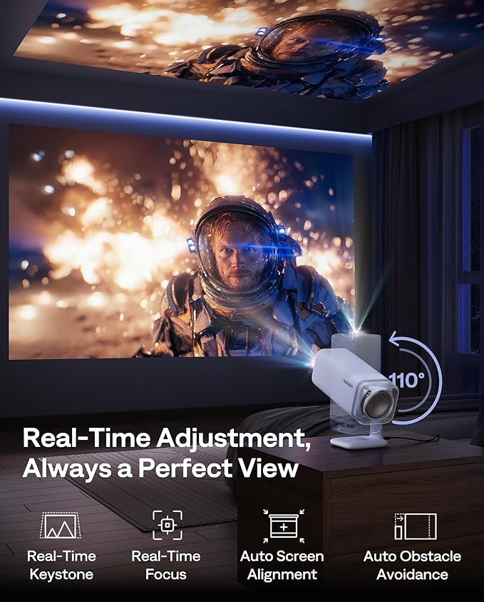 Aurzen BOOM Air Google TV Portable Projector with WiFi and Bluetooth, USB-C Powered, Smart Projector for Outdoor & Home Movie, 4K Supported, Real-Time Focus, Dolby Audio, Adjustable Stand, Off-White