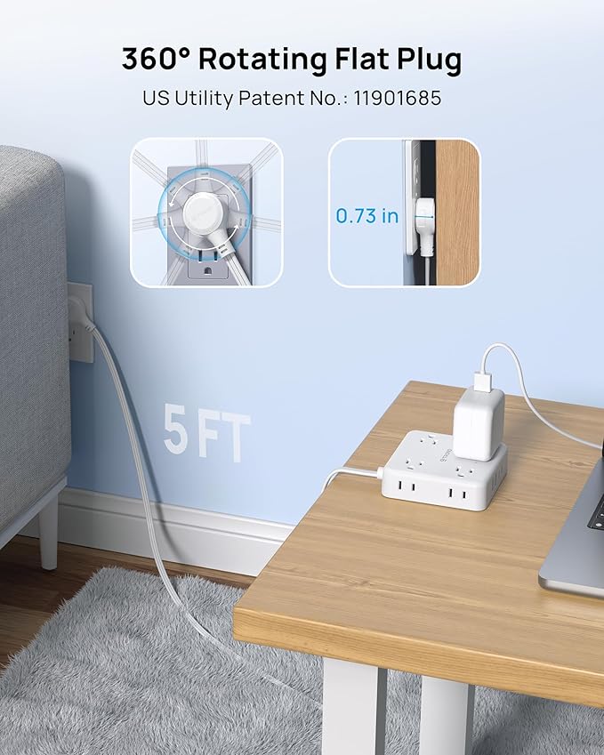 TROND 360° Rotating Plug Power Strip, 5FT Flat Extension Cord with Multiple Outlets 4 USB (2 USB C), Wall Mount Surge Protector 1440 Joules for Home Office Travel Dorm Room Essentials, White